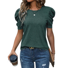 Puff Short Sleeve Sweater for Women Tops Spring Summer 2025 Outfits Knit Crewneck Shirt Blouses Ink Green M