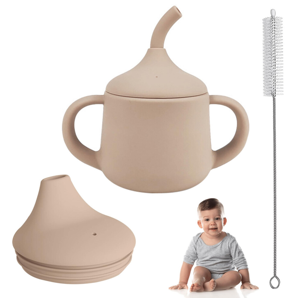 Silicone Baby Training Cup 3in1 Weaning Design with Straw and Spout, BPA Dishwasher Safe FoodGrade, 4oz Sand Color