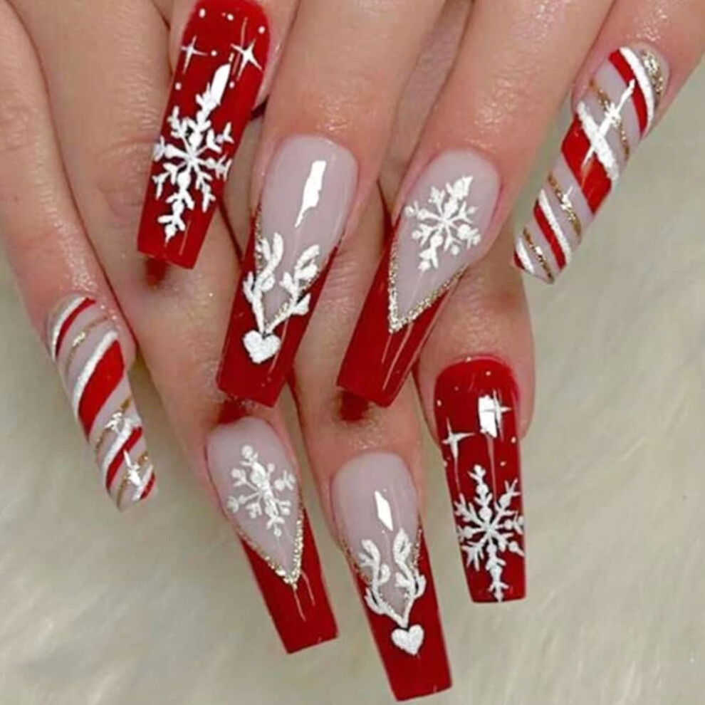 Christmas Press On Nails Red Fake Nails Set with Snowflake Elk Design Medium Square Glossy Full Cover 24PCS