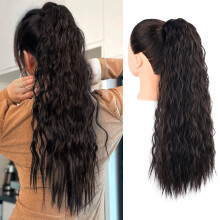 28 Inch Clip in Ponytail Extension for Women, Long Wavy Curly Synthetic Hairpiece Black Brown