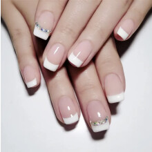 Jelly Pink Press On Nails 24 PCS Soft French Manicure with Elegant Zircon Accents and Gloss Finish