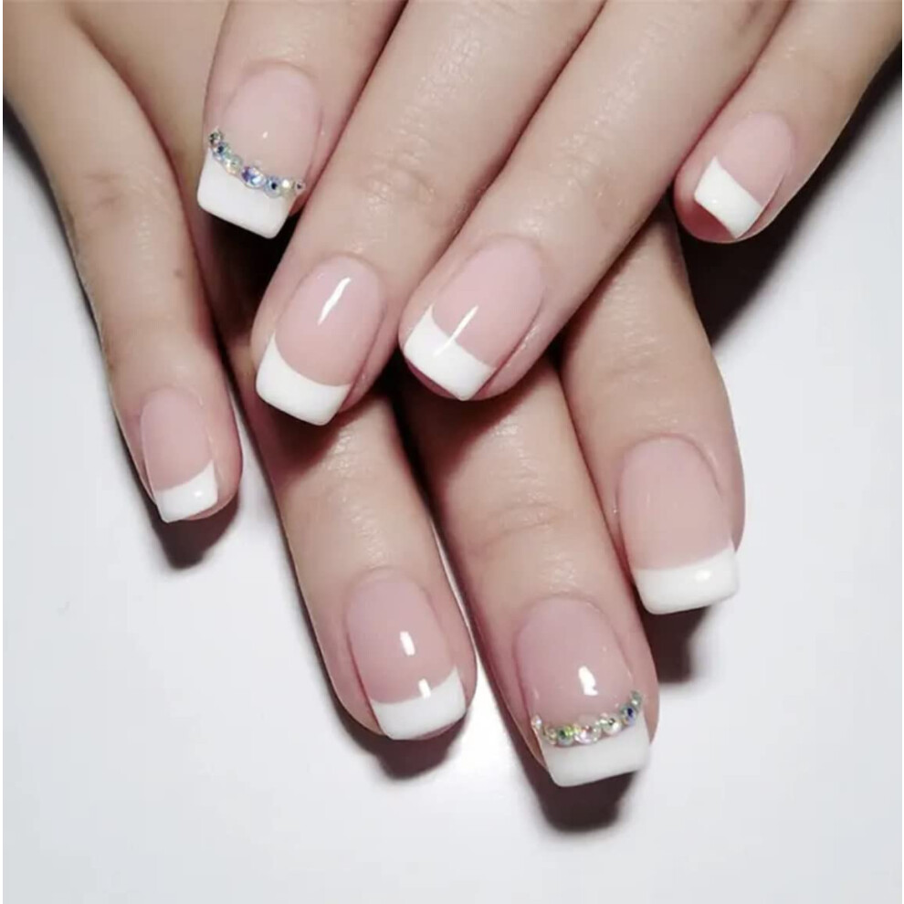 Jelly Pink Press On Nails 24 PCS Soft French Manicure with Elegant Zircon Accents and Gloss Finish