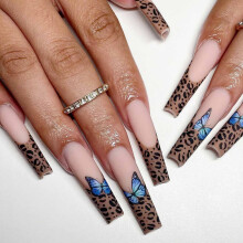 Extra Long Blue Butterfly Press on Nails for Women, Matte French Tip Fake Nails with LongLasting Finish