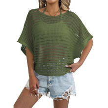 Womens Summer Short Sleeve Crochet Tops Casual Sweater Hollow Out Swim Beach Cover Military Green One Size