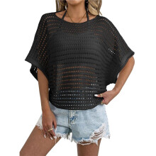Womens Summer Short Sleeve Crochet Tops Casual Sweater Hollow Out Swim Beach Cover Black One Size