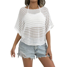 Womens Summer Short Sleeve Crochet Tops Casual Sweater Hollow Out Swim Beach Cover White One Size