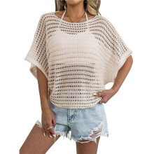 Womens Summer Short Sleeve Crochet Tops Casual Sweater Hollow Out Swim Beach Cover Apricot One Size