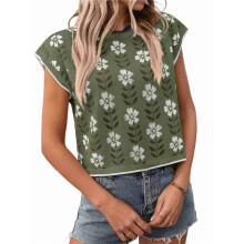 Womens Summer Casual Printed Tops Cap Sleeve Crew Neck Cute Knit Sweaters Green M
