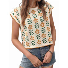 Womens Summer Casual Printed Tops Cap Sleeve Crew Neck Cute Knit Sweaters Apricot XL
