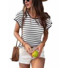 Women'S Knitted Short-Sleeved Blouses, Summer Round Neck with Ruffled Sleeves Blouses White S