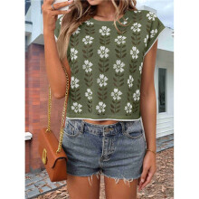 Womens Summer Casual Printed Tops Cap Sleeve Crew Neck Cute Knit Sweaters Green S