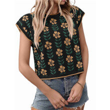 Womens Summer Casual Printed Tops Cap Sleeve Crew Neck Cute Knit Sweaters Black XL