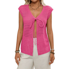 Womens Tie Crochet Shrug Short Sleeve Open Front Knit Cropped Cardigan Sweaters Cover Rose Red M