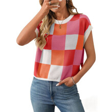 Womens Summer Crew Neck Cap Sleeve Crop Color Block Knit Short Sleeve Sweater Rose Red M
