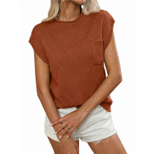 Womens Summer Mock Neck Cap Sleeve Loose Knit Pullover Tank Tops Caramel Color L
