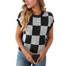 Womens Summer Crew Neck Cap Sleeve Crop Color Block Knit Short Sleeve Sweater Black XL