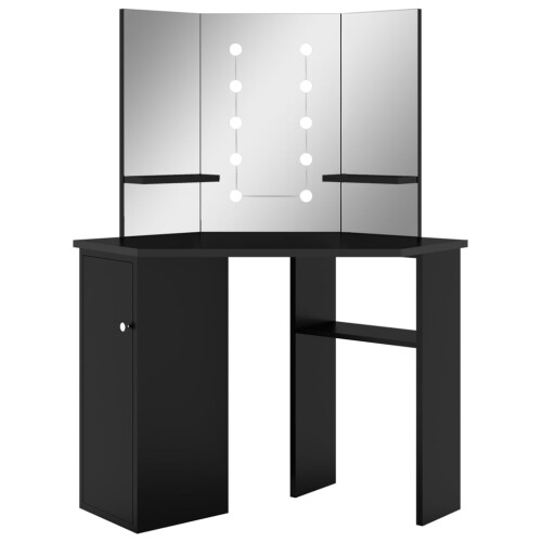 Berkfield Corner Dressing Table with LED Black 111x54x141.5 cm 1