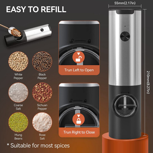 Rechargeable Electric Salt and Pepper Grinder Set with Double Charging Base, USB Cable, Automatic Salt Pepper Grinder