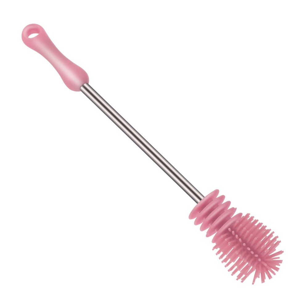 Silicone Bottle Cleaning Brush With Long Handle, 360 Rotating Flexible Bristles For Milk Bottles And Cups Pink
