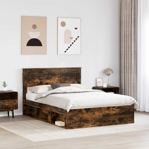 Berkfield Bed Frame with Storage Smoked Oak 150 x 200 cm Solid Pine Wood 2