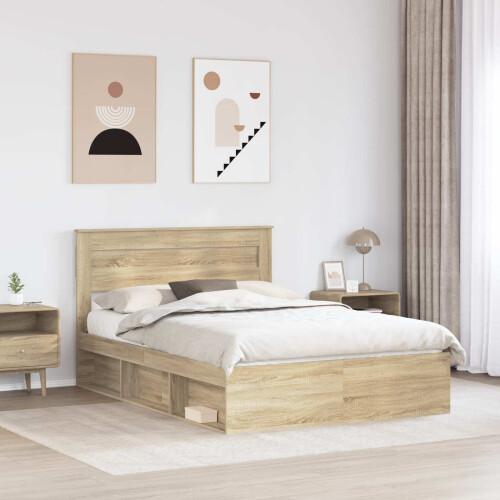 Berkfield Bed Frame with Storage Sonoma Oak 150 x 200 cm Solid Pine Wood 2