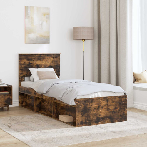 Berkfield Bed Frame with Headboard Smoked Oak 75 x 190 cm Solid Pine Wood 2