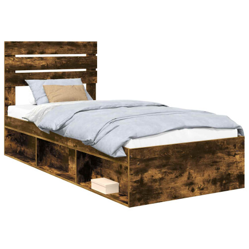 Berkfield Bed Frame with Headboard Smoked Oak 75 x 190 cm Solid Pine Wood 1