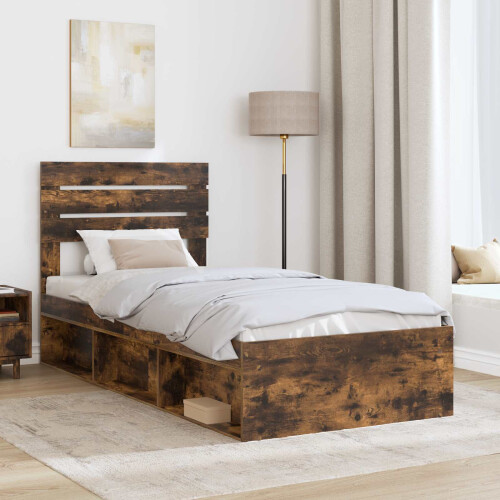 Berkfield Bed Frame with Headboard Smoked Oak 75 x 190 cm Solid Pine Wood 2