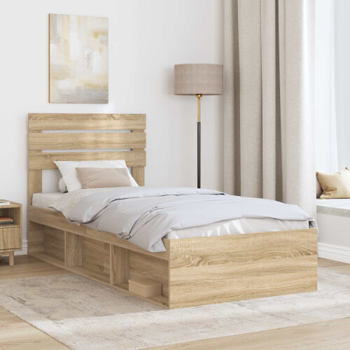 Berkfield Bed Frame with Headboard Sonoma Oak 90 x 200 cm Solid Pine Wood 2