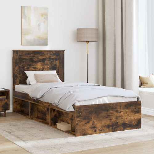 Berkfield Bed Frame with Headboard Smoked Oak 90 x 190 cm Solid Pine Wood 2