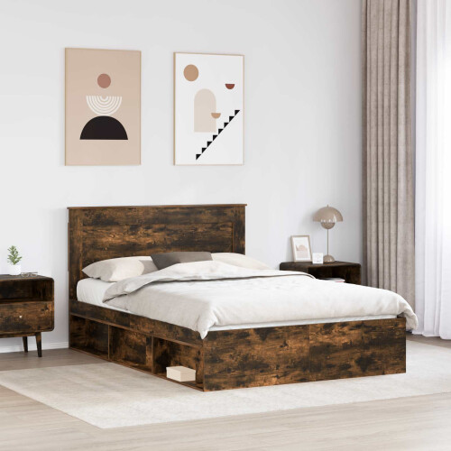 Berkfield Bed Frame with Drawer Smoked Oak 150 x 200 cm Solid Pine Wood 2