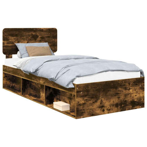 Berkfield Bed Frame with Headboard Smoked Oak 75 x 190 cm Solid Pine Wood 1