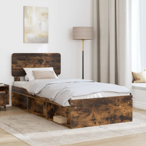 Berkfield Bed Frame with Headboard Smoked Oak 75 x 190 cm Solid Pine Wood 2