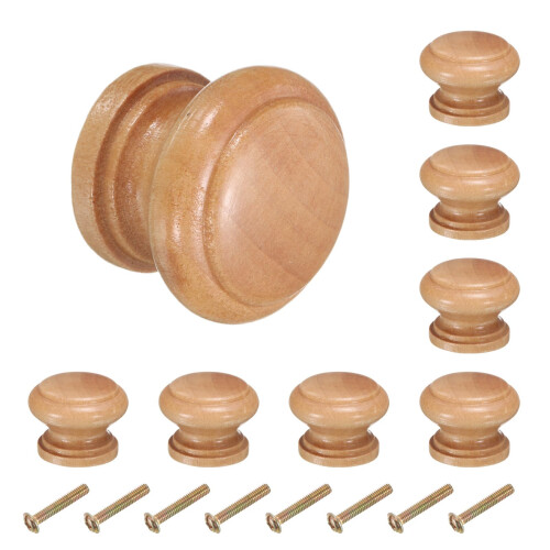 8pcs Wood Cabinet Knobs Light Brown Round Mushroom Shape Drawer Pulls with Warm Neutral Finish