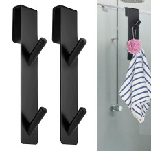 Shower Door Hooks Stainless Steel 7 Inch Double Hook No Drill Glass Shower Hooks for Bathroom Black