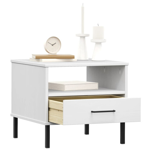 Berkfield Bedside Table with Metal Legs White Solid Wood Pine OSLO 2