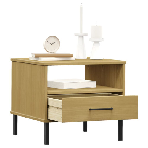 Berkfield Bedside Table with Metal Legs Brown Solid Wood Pine OSLO 2