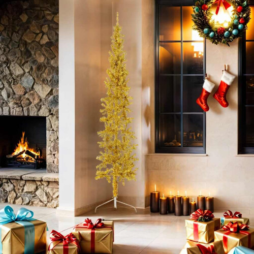 Berkfield Slim Artificial Half Christmas Tree with Stand Gold 180 cm 1