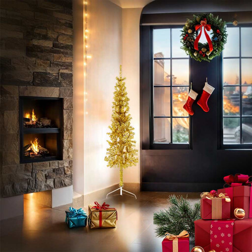 Berkfield Slim Artificial Half Christmas Tree with Stand Gold 150 cm 1