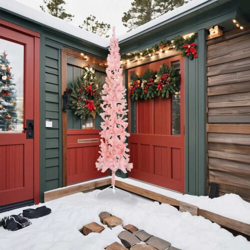 Berkfield Slim Artificial Half Christmas Tree with Stand Pink 240 cm 1