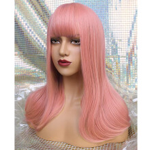 20 Inch Pink Straight Synthetic Wig with Bangs for Women Cosplay, Natural SkinTop Hairline, Heat Resistant