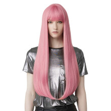 28 Inch Long Straight Pink Wig with Bangs for Women Cosplay Heat Resistant Synthetic Hair
