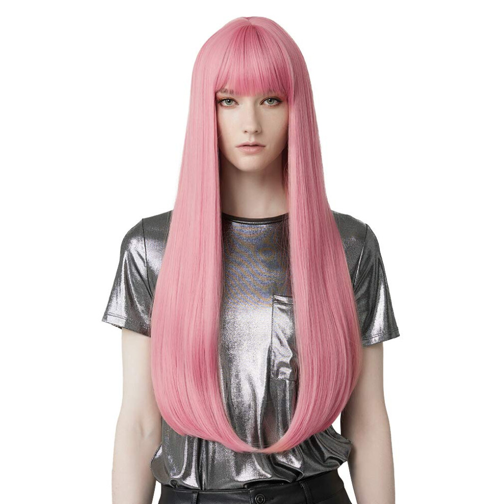 Unisex Pink 28 Inch Long Straight Wig With Bangs For Women Cosplay Heat Resistant Synthetic Hair