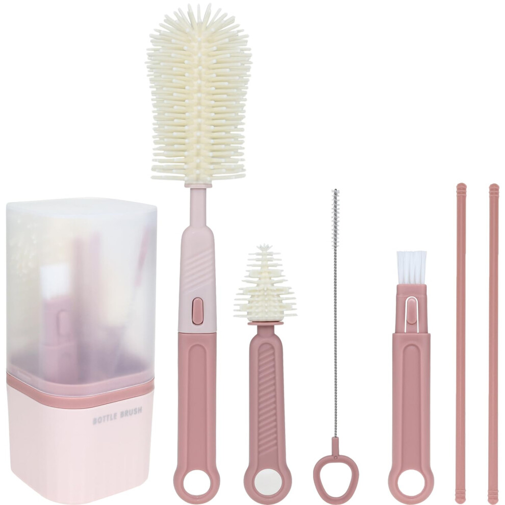 Silicone Baby Bottle Brush Set With Nipple And Straw Brush, Drying Rack And Storage Box, Round Pink