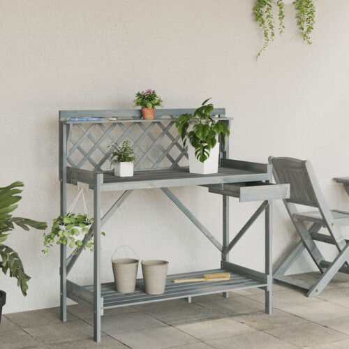 Berkfield Potting Bench with Trellis Grey Solid Wood Fir 2