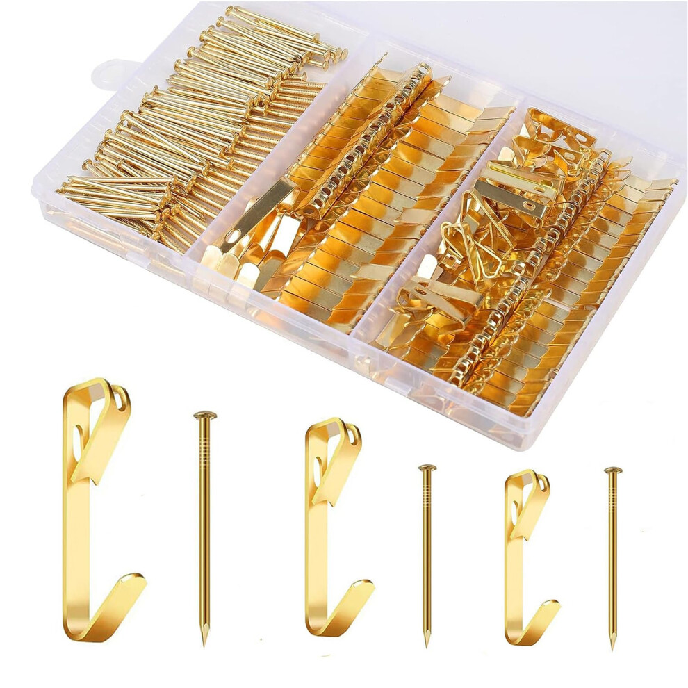 184Pcs Picture Hanging Kit For Drywall And Wood, Gold Durable Hooks With 20Lb 30Lb 50Lb Rating And Case 9351714805735