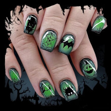 Halloween Press on Nails Short Square Green Fake Nails with Bat Spider Web Design Glossy Full Cover