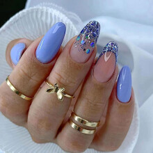 Almond Press On Nails Medium Length with Nude Pink French Tips and Blue Glitter, 24 Pcs Instant Salon Manicure Set