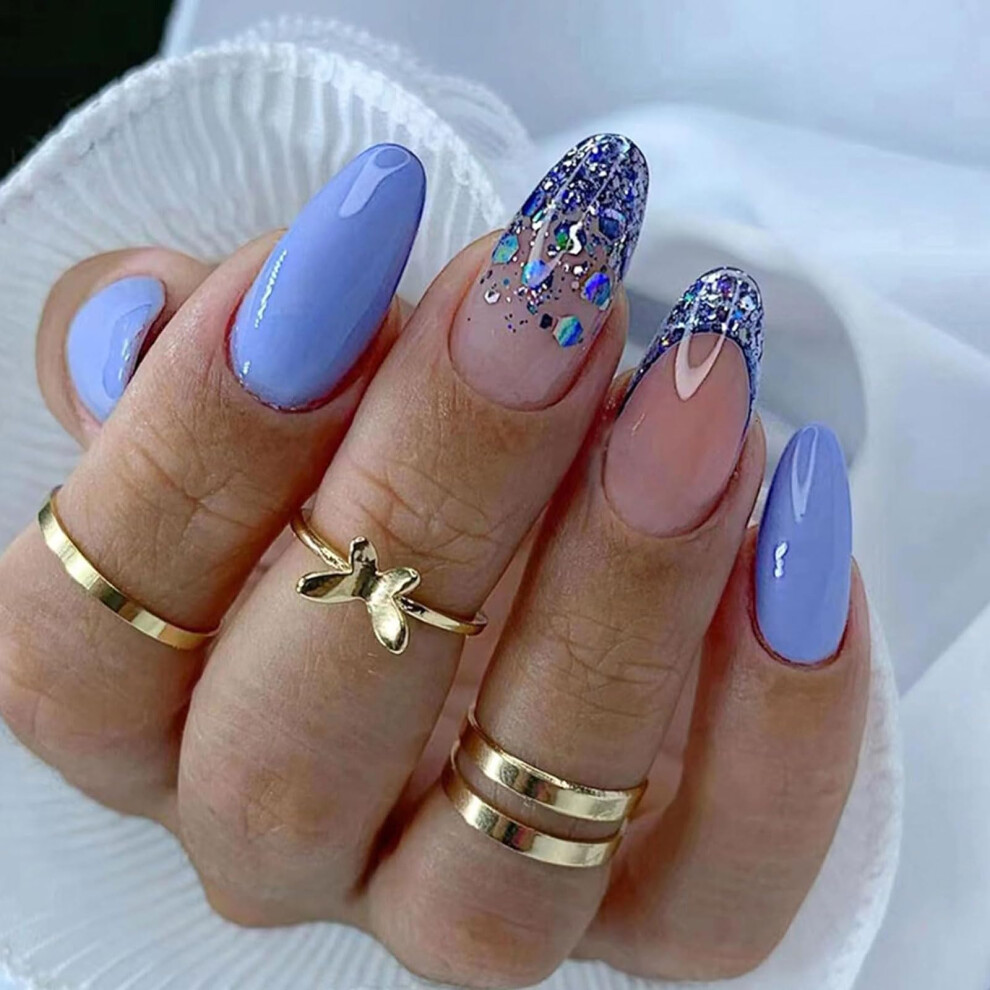 Almond Press On Nails Medium Length with Nude Pink French Tips and Blue Glitter, 24 Pcs Instant Salon Manicure Set