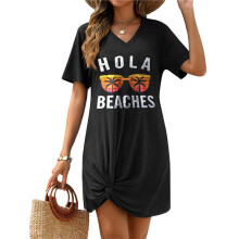Ladies Summer V-Neck Side Twist Short Sleeve Dress Black Glasses XL